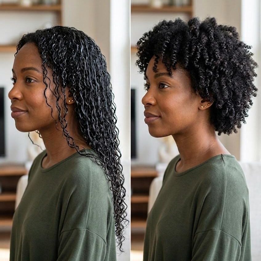 Natural hair shrinkage before and after