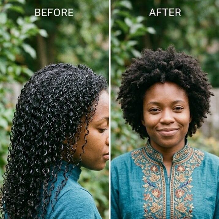 Natural hair shrinkage before and after